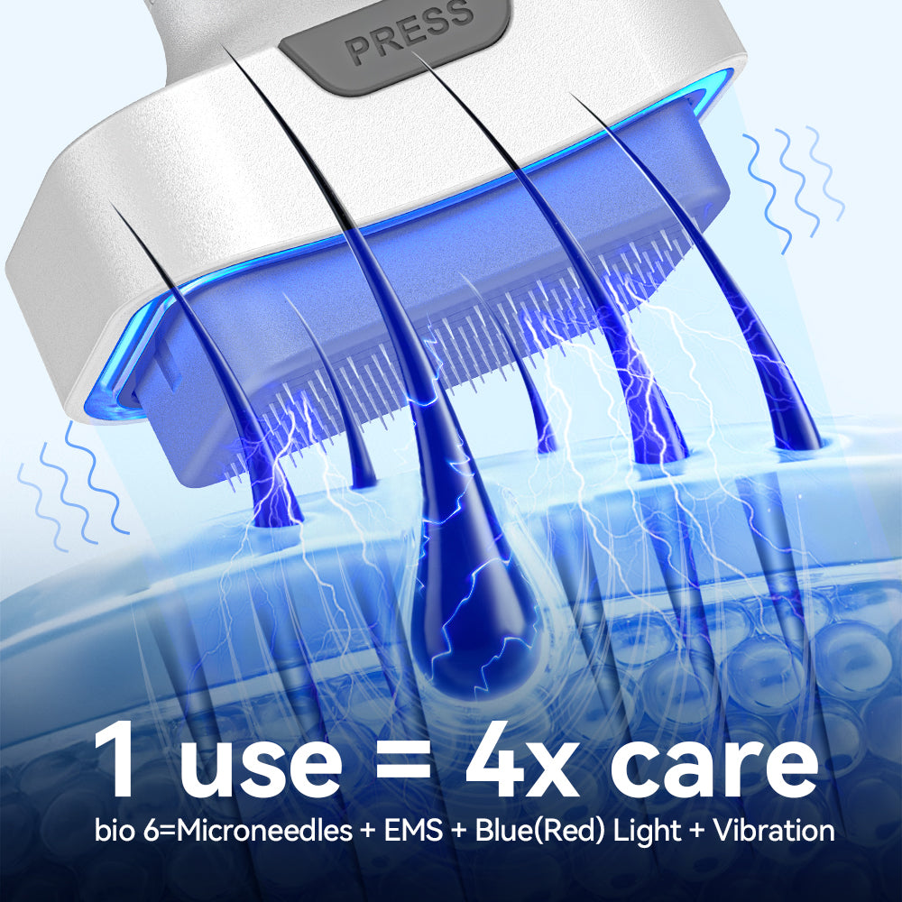 Integrated LED light therapy on Biopen Bio 6 for promoting hair growth and scalp health from Dr. Pen Official.