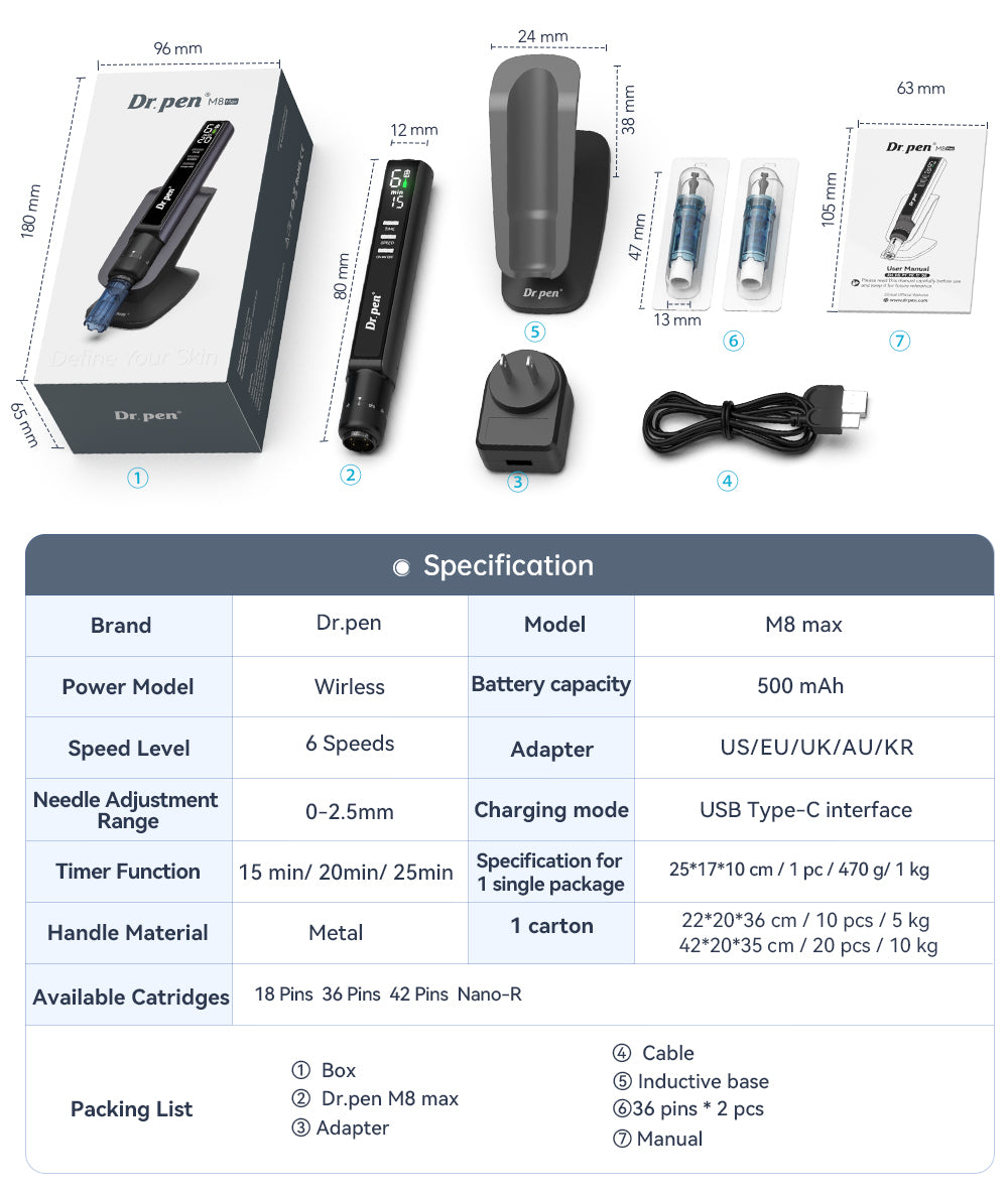 Dr. Pen M8 Max Microneedling Pen with 12 Cartridges(18-pin)