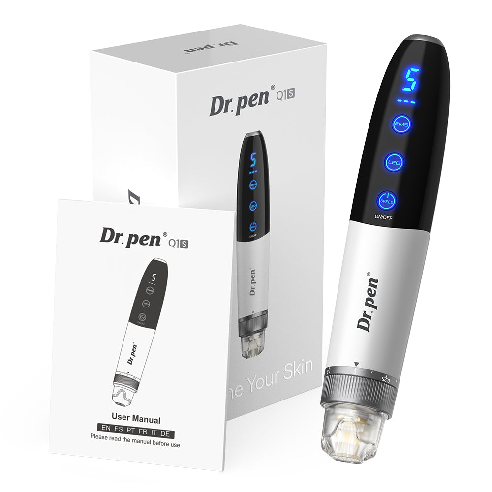 Genuine Dr. Pen Q1S with Dr. Pen Official authenticity verification label for home use safety.