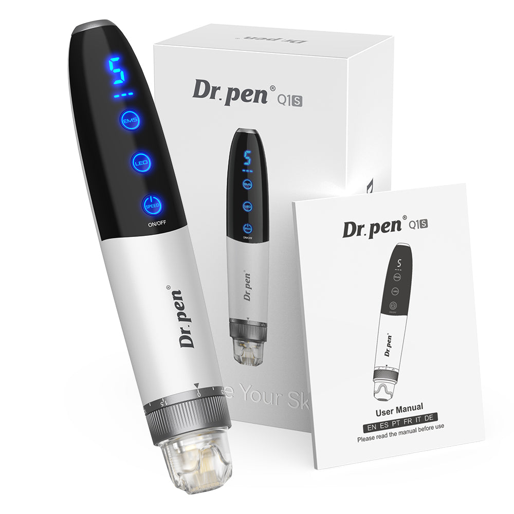 Genuine Dr. Pen Q1S with Dr. Pen Official authenticity verification label for home use safety.