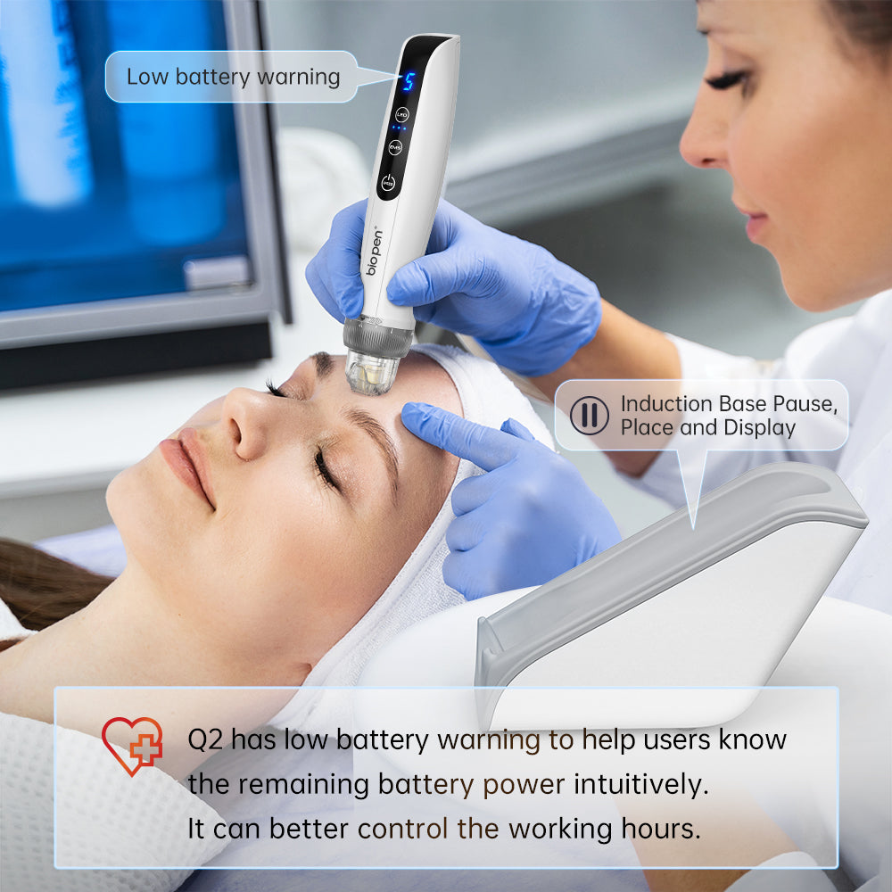 Facial skin lifting and wrinkle reduction using BioPen Q2 microcurrent and microneedling functions.
