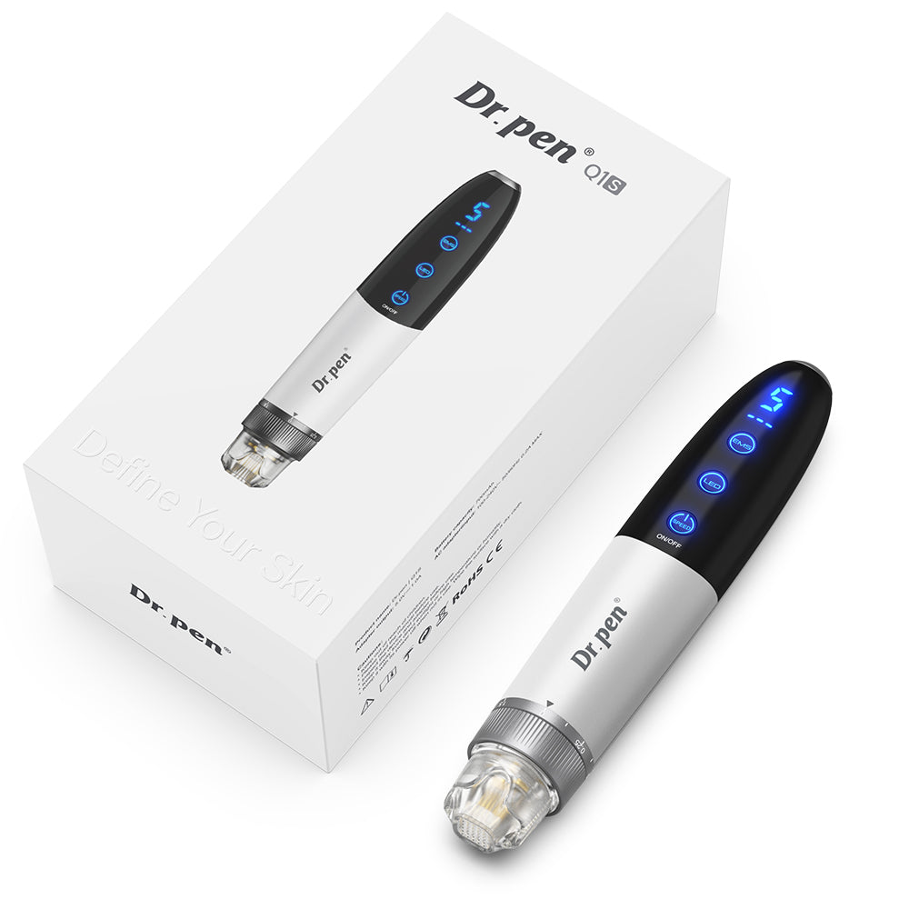 Genuine Dr. Pen Q1S with Dr. Pen Official authenticity verification label for home use safety.
