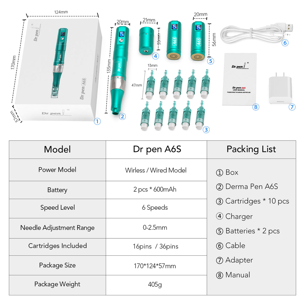 Dr. Pen A6S Microneedling Pen with 16-pin Cartridges 10 pcs